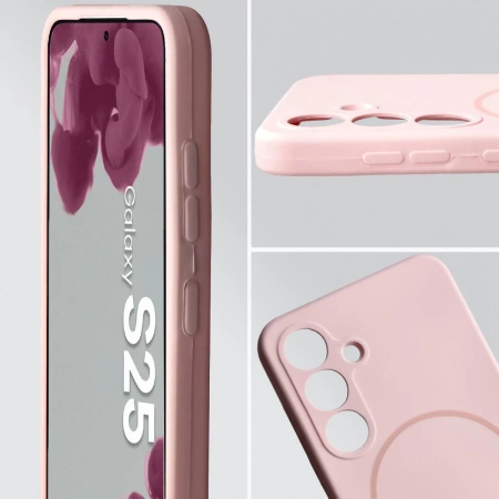 Silikonowe etui z pierścieniem magnetycznym Bizon Soft Case Magnetic do Galaxy S25, jasnoróżowe