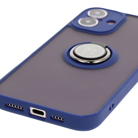 Etui z uchwytem na palec Bizon Case Hybrid Ring do iPhone 16 Plus, przydymione z granatową ramką