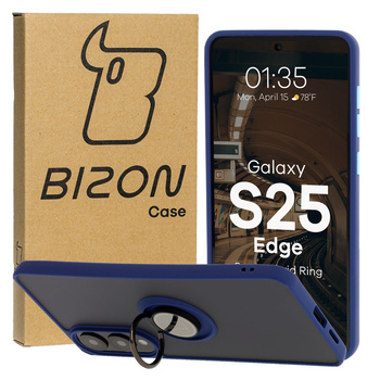 Etui z uchwytem na palec Bizon Case Hybrid Ring do Galaxy S25 Edge, przydymione z granatową ramką