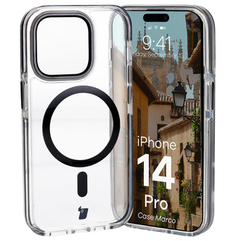 Etui z pierścieniem magnetycznym Bizon Case Marco do iPhone 14 Pro, przezroczyste z czarną ramką