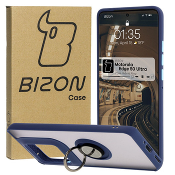 Etui z uchwytem na palec Bizon Case Hybrid Ring do Motorola Edge 50 Ultra, przydymione z granatową ramką