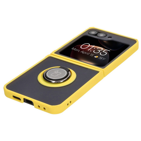 Etui z uchwytem na palec Bizon Case Hybrid Ring do Galaxy Z Flip7 FE / Z Flip6, przydymione z żółtą ramką