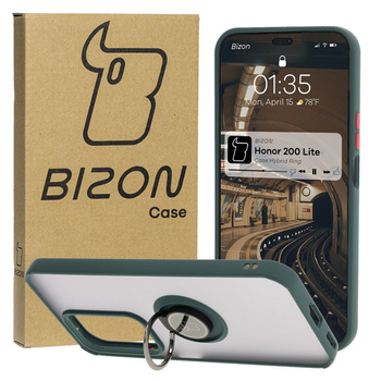 Etui z uchwytem na palec Bizon Case Hybrid Ring do Honor 200 Lite, przydymione z ciemnozieloną ramką
