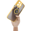 Etui z uchwytem na palec Bizon Case Hybrid Ring do iPhone 14 Pro Max, przydymione z żółtą ramką
