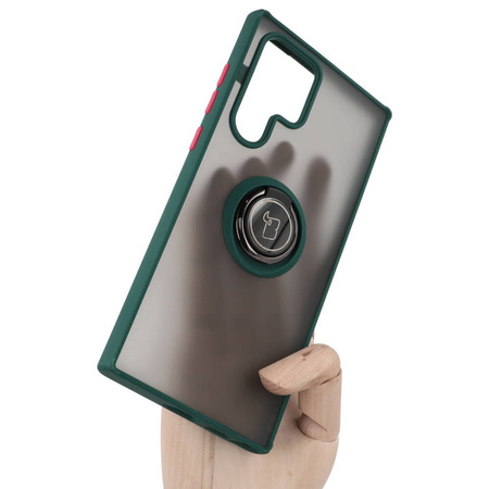 Etui z uchwytem na palec Bizon Case Hybrid Ring do Galaxy S22 Ultra, przydymione z ciemnozieloną ramką