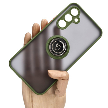 Etui z uchwytem na palec Bizon Case Hybrid Ring do Galaxy A54 5G, przydymione z zieloną ramką