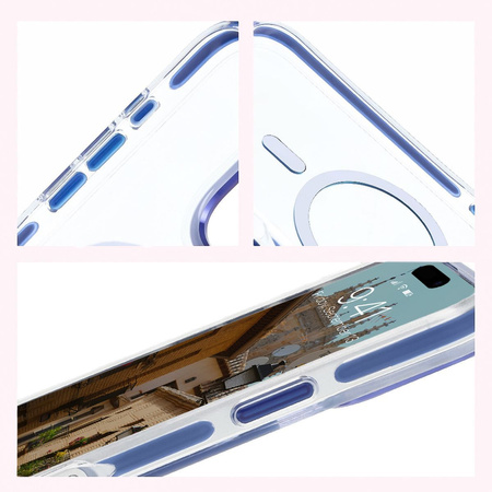 Etui z pierścieniem magnetycznym Bizon Case Marco do iPhone 16 Pro Max, przezroczyste z niebieską ramką