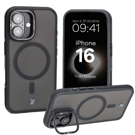 Etui z podstawką i pierścieniem magnetycznym Bizon Case Eclipse do iPhone 16, przydymione z czarną ramką