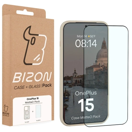 Etui z pierścieniem magnetycznym + szkło hartowane Bizon MatteO Pack do OnePlus 15, przydymione-beżowe

