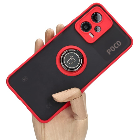 Etui z uchwytem na palec Bizon Case Hybrid Ring do Xiaomi Poco X5 / Redmi Note 12 5G, przydymione z czerwoną ramką