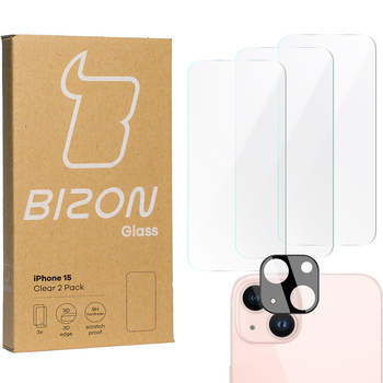 3x Szkło + szybka na aparat BIZON Clear 2 Pack do iPhone 15