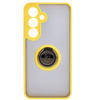Etui z uchwytem na palec Bizon Case Hybrid Ring do Galaxy S25 / S24, przydymione z żółtą ramką