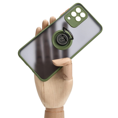 Etui z uchwytem na palec Bizon Case Hybrid Ring do Galaxy M33 5G, przydymione z zieloną ramką