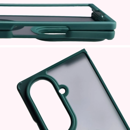 Etui z uchwytem na palec Bizon Case Hybrid Ring do Galaxy Z Fold7, przydymione z ciemnozieloną ramką