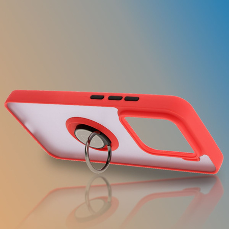Etui z uchwytem na palec Bizon Case Hybrid Ring do Xiaomi 15, przydymione z czerwoną ramką