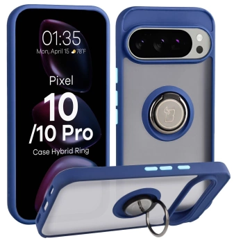 Etui z uchwytem na palec Bizon Case Hybrid Ring do Google Pixel 10 / 10 Pro, przydymione z granatową ramką