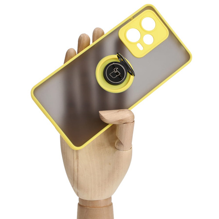 Etui z uchwytem na palec Bizon Case Hybrid Ring do Xiaomi Redmi Note 12 Pro+ 5G, przydymione z żółtą ramką