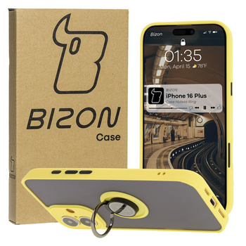 Etui z uchwytem na palec Bizon Case Hybrid Ring do iPhone 16 Plus, przydymione z żółtą ramką
