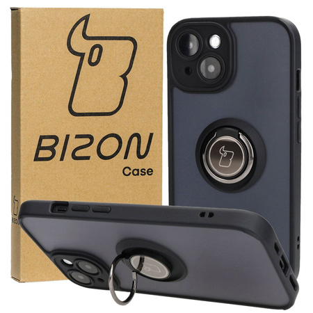 Etui z uchwytem na palec Bizon Case Hybrid Ring do iPhone 15, przydymione z czarną ramką