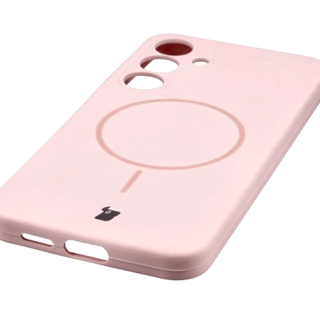 Silikonowe etui z pierścieniem magnetycznym Bizon Soft Case Magnetic do Galaxy S25 Plus, jasnoróżowe