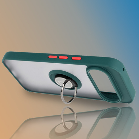 Etui z uchwytem na palec Bizon Case Hybrid Ring do Google Pixel 10 / 10 Pro, przydymione z ciemnozieloną ramką
