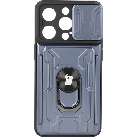 Etui Bizon Case Camshield Card Slot Ring do iPhone 14 Pro, szare
