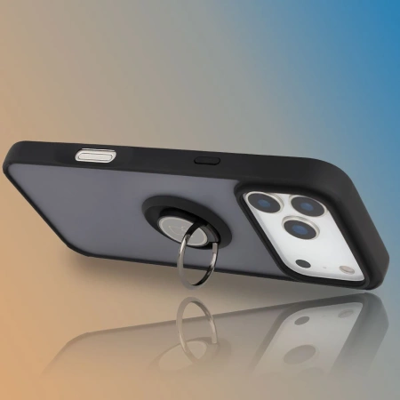 Etui z uchwytem na palec Bizon Case Hybrid Ring do iPhone 17 Pro Max, przydymione z czarną ramką