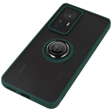 Etui z uchwytem na palec Bizon Case Hybrid Ring do Xiaomi 12T / 12T Pro, przydymione z ciemnozieloną ramką
