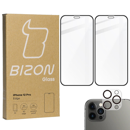 Szkło hartowane Bizon Glass Edge CF - 2 sztuki + ochrona na obiektyw, iPhone 12 Pro, czarne