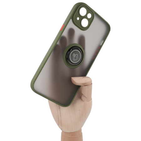 Etui z uchwytem na palec Bizon Case Hybrid Ring do iPhone 14 Plus, przydymione z zieloną ramką