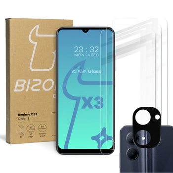 3x Szkło hartowane + szybka na aparat Bizon Glass Clear 2 Pack do Realme C33