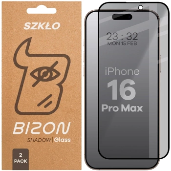Prywatyzujące szkło hartowane Bizon Glass Edge Shadow Duo do iPhone 16 Pro Max, przyciemniane z czarną ramką, 2 sztuki