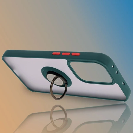 Etui z uchwytem na palec Bizon Case Hybrid Ring do Oppo Reno13, przydymione z ciemnozieloną ramką