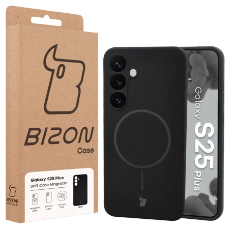 Silikonowe etui z pierścieniem magnetycznym Bizon Soft Case Magnetic do Galaxy S25 Plus, czarne