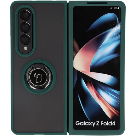 Etui z uchwytem na palec Bizon Case Hybrid Ring do Galaxy Z Fold4, przydymione z ciemnozieloną ramką