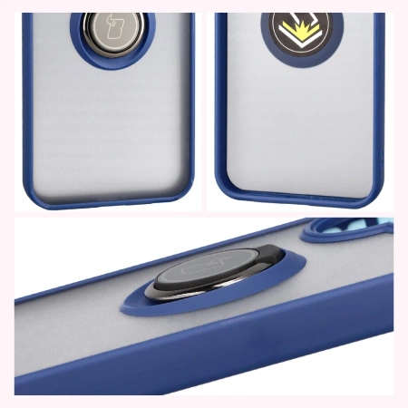 Etui z uchwytem na palec Bizon Case Hybrid Ring do Xiaomi POCO F7, przydymione z granatową ramką