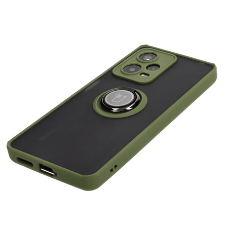 Etui z uchwytem na palec Bizon Case Hybrid Ring do Xiaomi Redmi Note 12 Pro+ 5G, przydymione z zieloną ramką