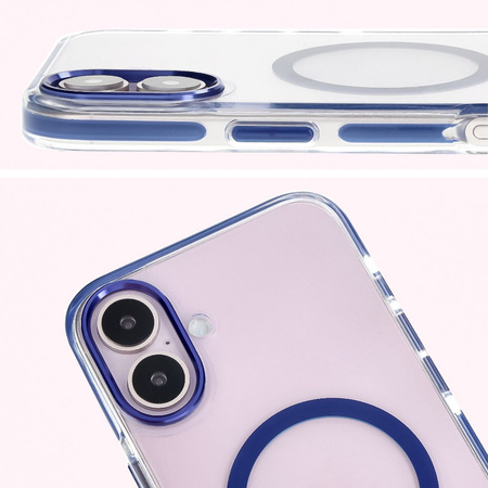 Etui z pierścieniem magnetycznym Bizon Case Marco do iPhone 16 Plus, przezroczyste z niebieską ramką