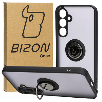 Etui z uchwytem na palec Bizon Case Hybrid Ring do Galaxy A35 5G, przydymione z czarną ramką