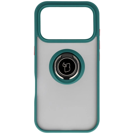 Etui z uchwytem na palec Bizon Case Hybrid Ring do iPhone 17 Pro, przydymione z ciemnozieloną ramką