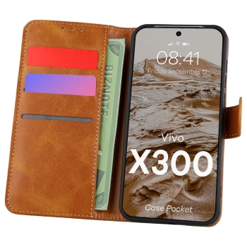 Etui z klapką Bizon Case Pocket do Vivo X300, brązowe