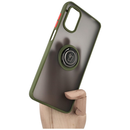 Etui z uchwytem na palec Bizon Case Hybrid Ring do Motorola Moto G22 / E32 / E32s, przydymione z zieloną ramką