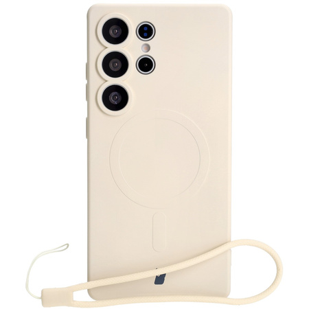 Silikonowe etui z pierścieniem magnetycznym Bizon Case Silicone Magnetic do Galaxy S25 Ultra, beżowe