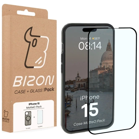 Etui z pierścieniem magnetycznym + szkło hartowane Bizon MatteO Pack do iPhone 15, przydymione-czarne
