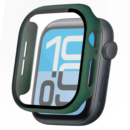 Etui ze szkłem do zegarka Bizon Case+Glass Watch do Apple Watch SE 3 / SE 2 / SE / 6 / 5 / 4 (44 mm), matowe ciemnozielone