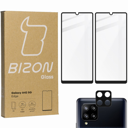 Szkło hartowane Bizon Glass Edge - 2 sztuki + ochrona na obiektyw,  Galaxy A42 5G, czarne