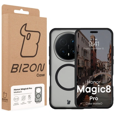 Etui z pierścieniem magnetycznym Bizon Case MatteO do Honor Magic8 Pro, przydymione-czarne