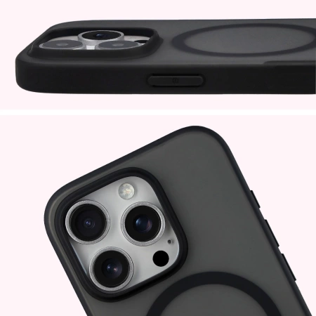 Etui z pierścieniem magnetycznym Bizon Case MatteO do iPhone 16 Pro, półprzezroczyste z czarną ramką