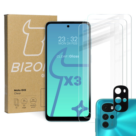 Szkło hartowane Bizon Glass Clear - 3 szt. + obiektyw, Motorola Moto G22