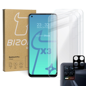 3x Szkło hartowane + szybka na aparat Bizon Glass Clear Pack do Realme 8 Pro